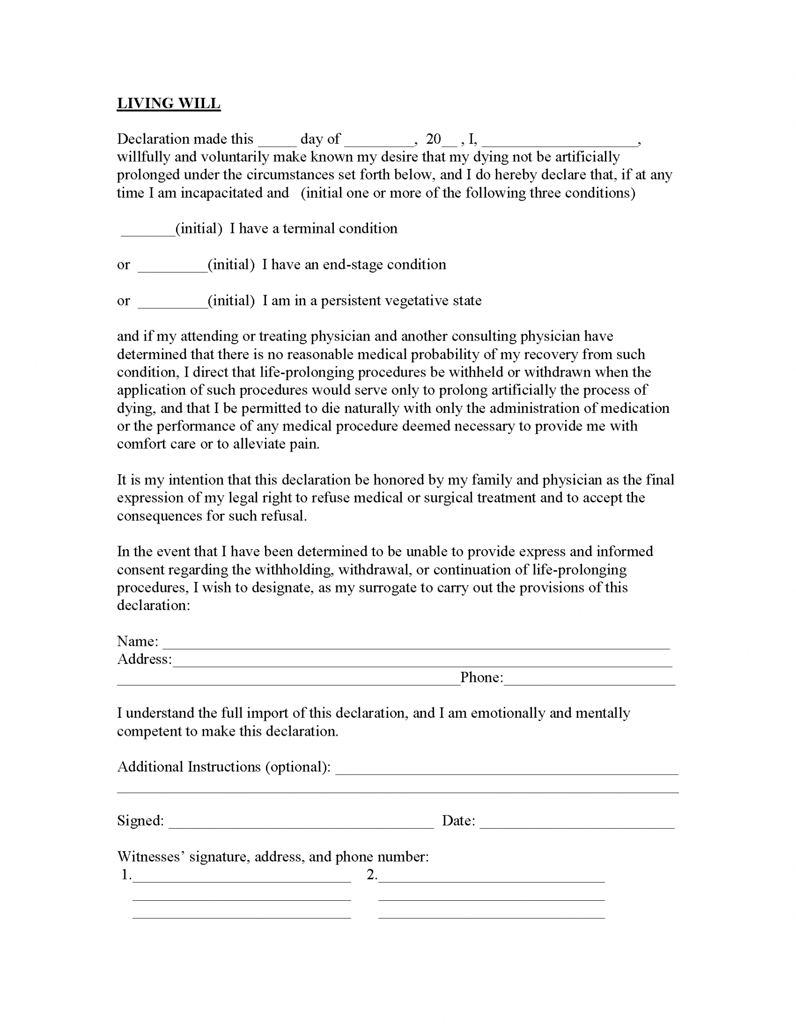 Free Printable Living Will Forms Florida