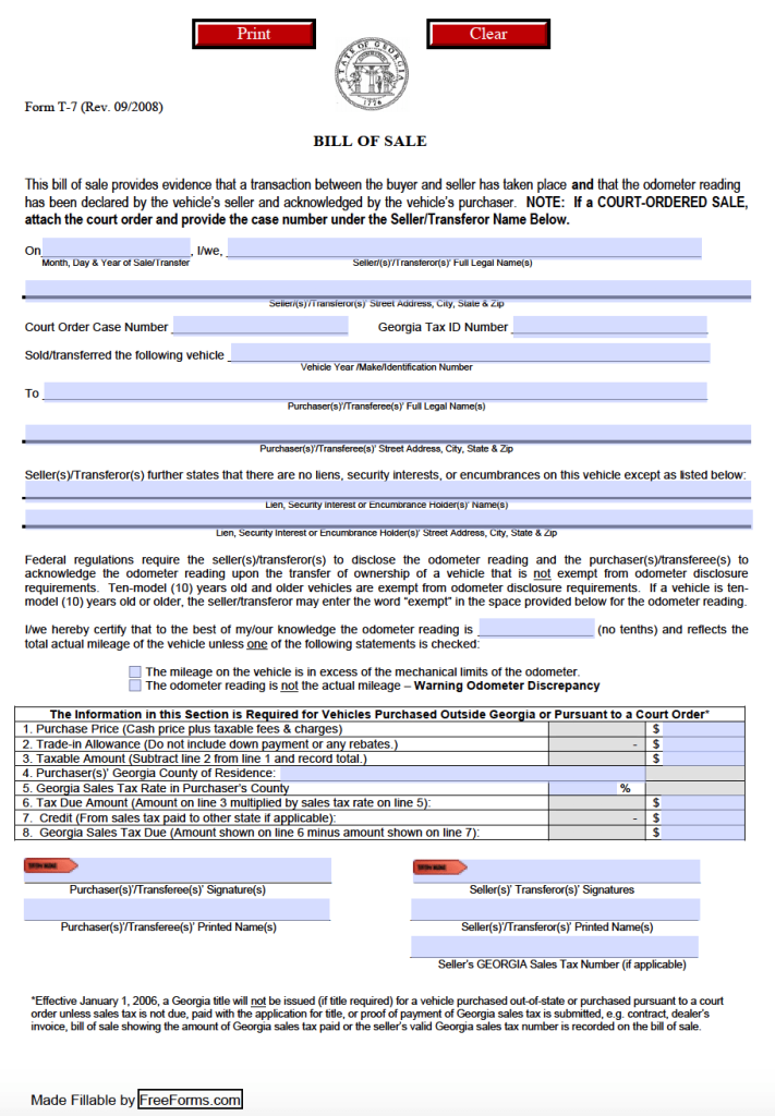 Free Georgia Bill Of Sale Forms PDF