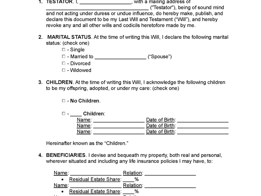 Free Last Will And Testament Templates 2 PDF Word