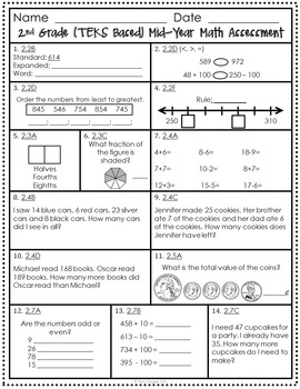 FREE Mid Year TEKS Based 2nd Grade Math Assessment By Stacy Dugger