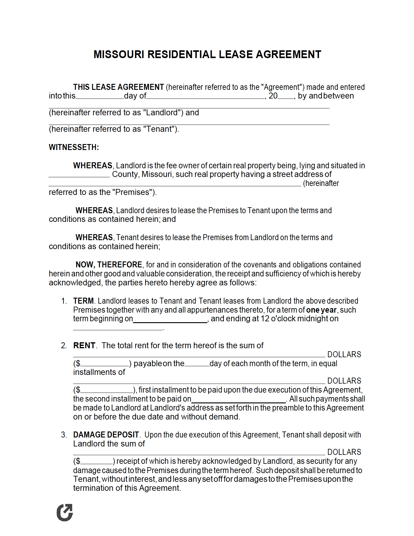 Printable Residential Lease Agreement Missouri Form #2118