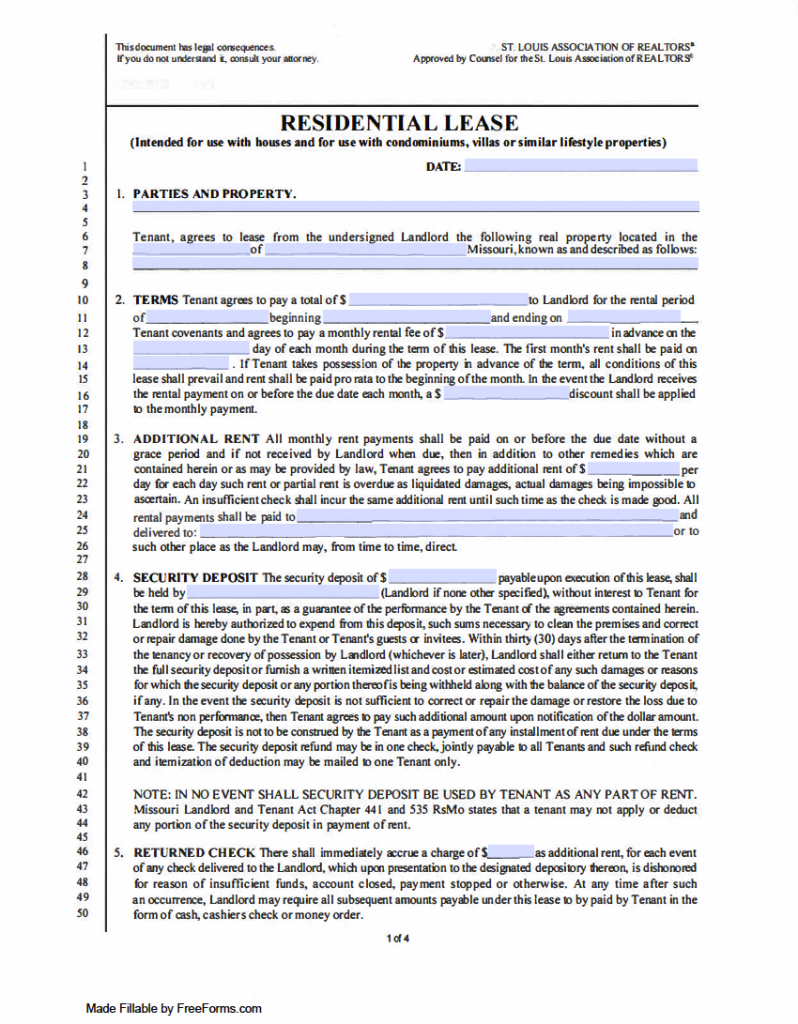 Free Missouri Standard Residential Lease Agreement Template PDF WORD
