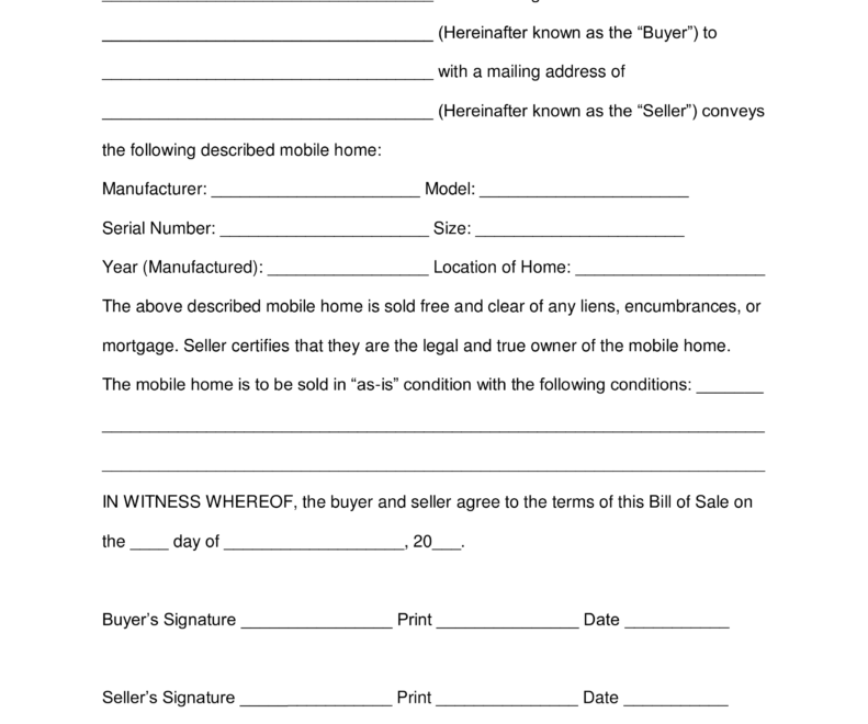 Free Mobile Manufactured Home Bill Of Sale Form Word PDF EForms