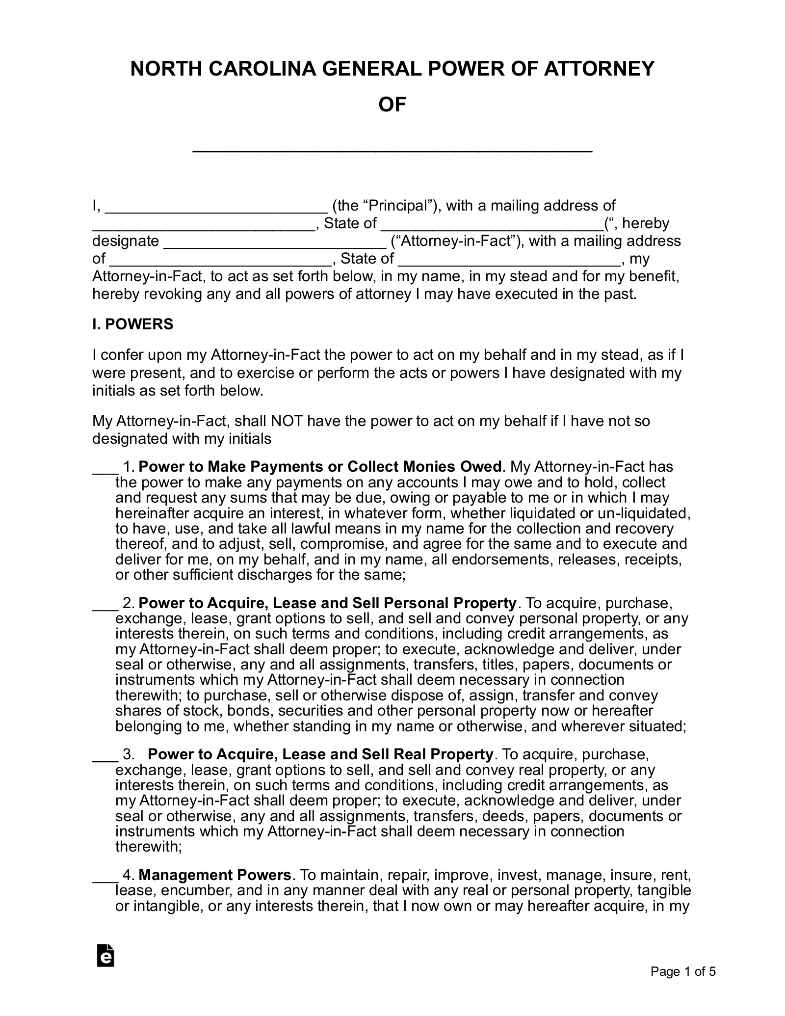 Free North Carolina General Financial Power Of Attorney PDF Word 