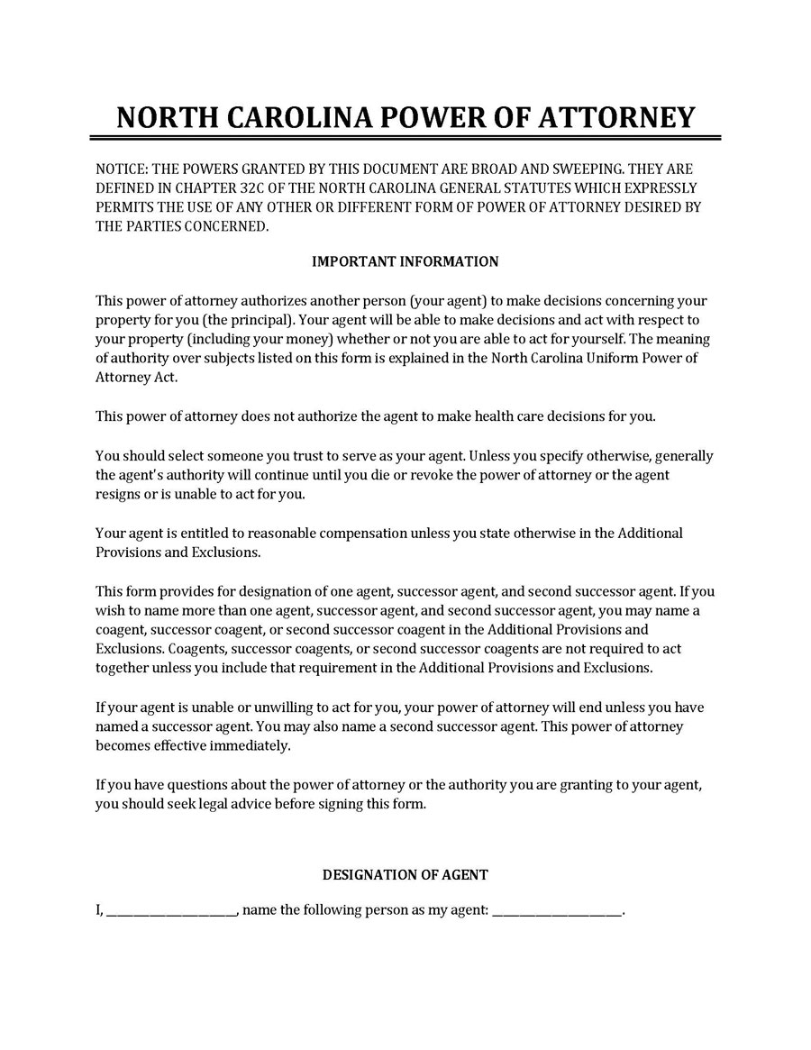 Free Printable Nc Power Of Attorney