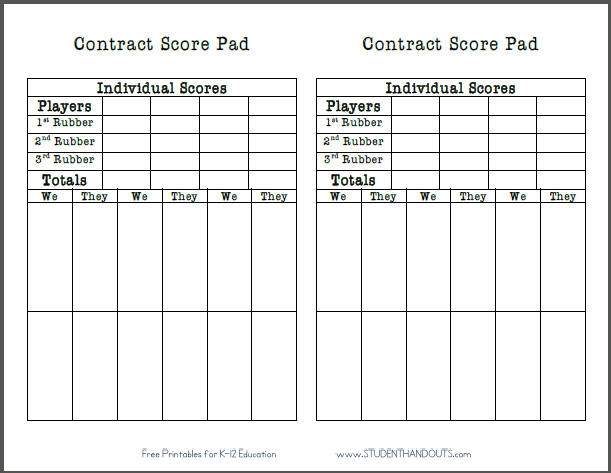 Free Printable Bridge Score Sheets