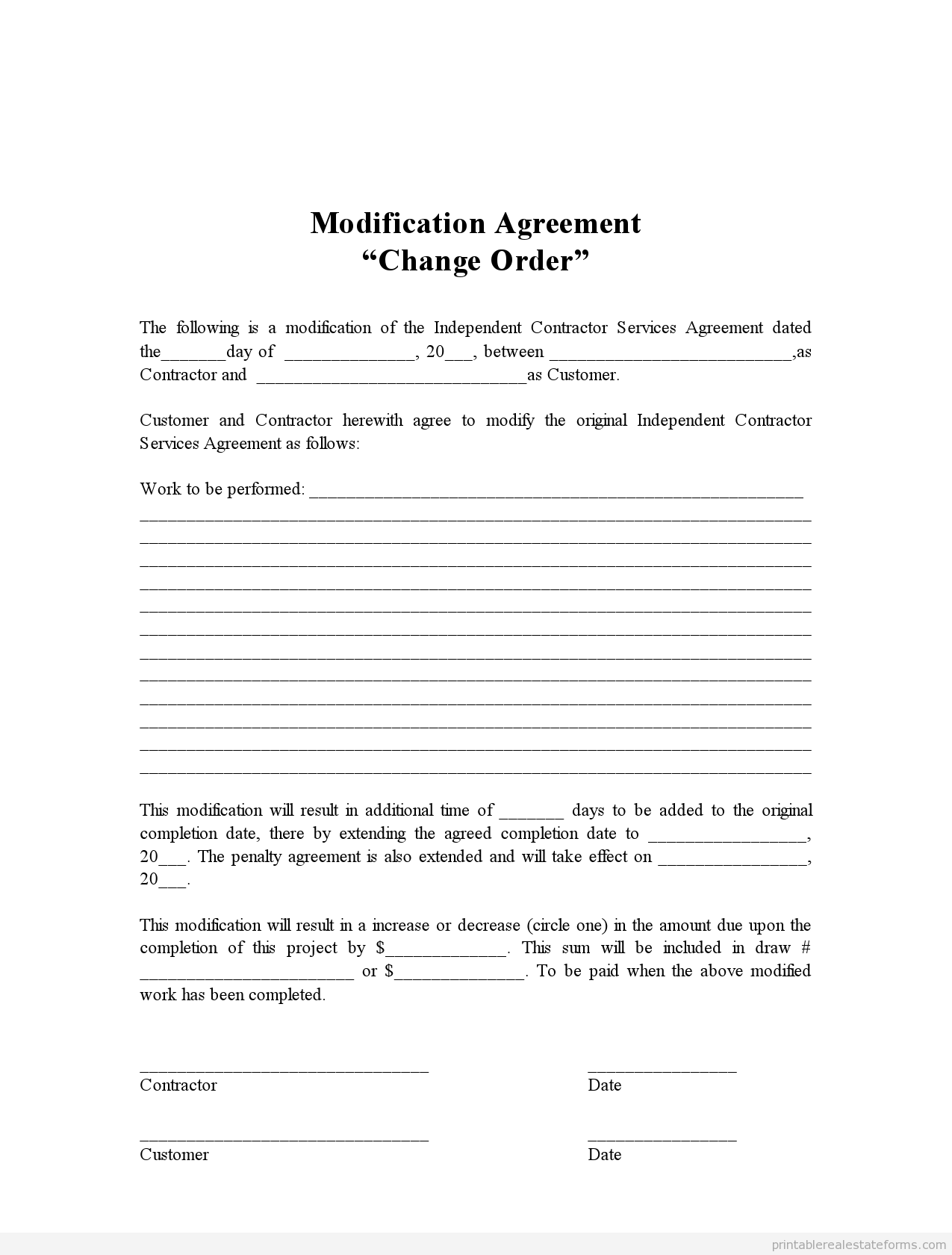 Free Printable Change Order Form PDF WORD 