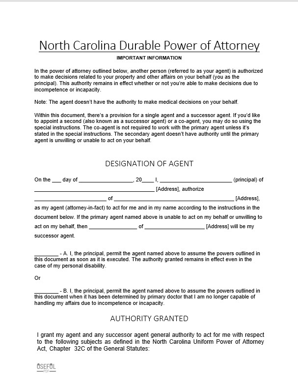 Free Printable Durable Power Of Attorney Form For North Carolina 