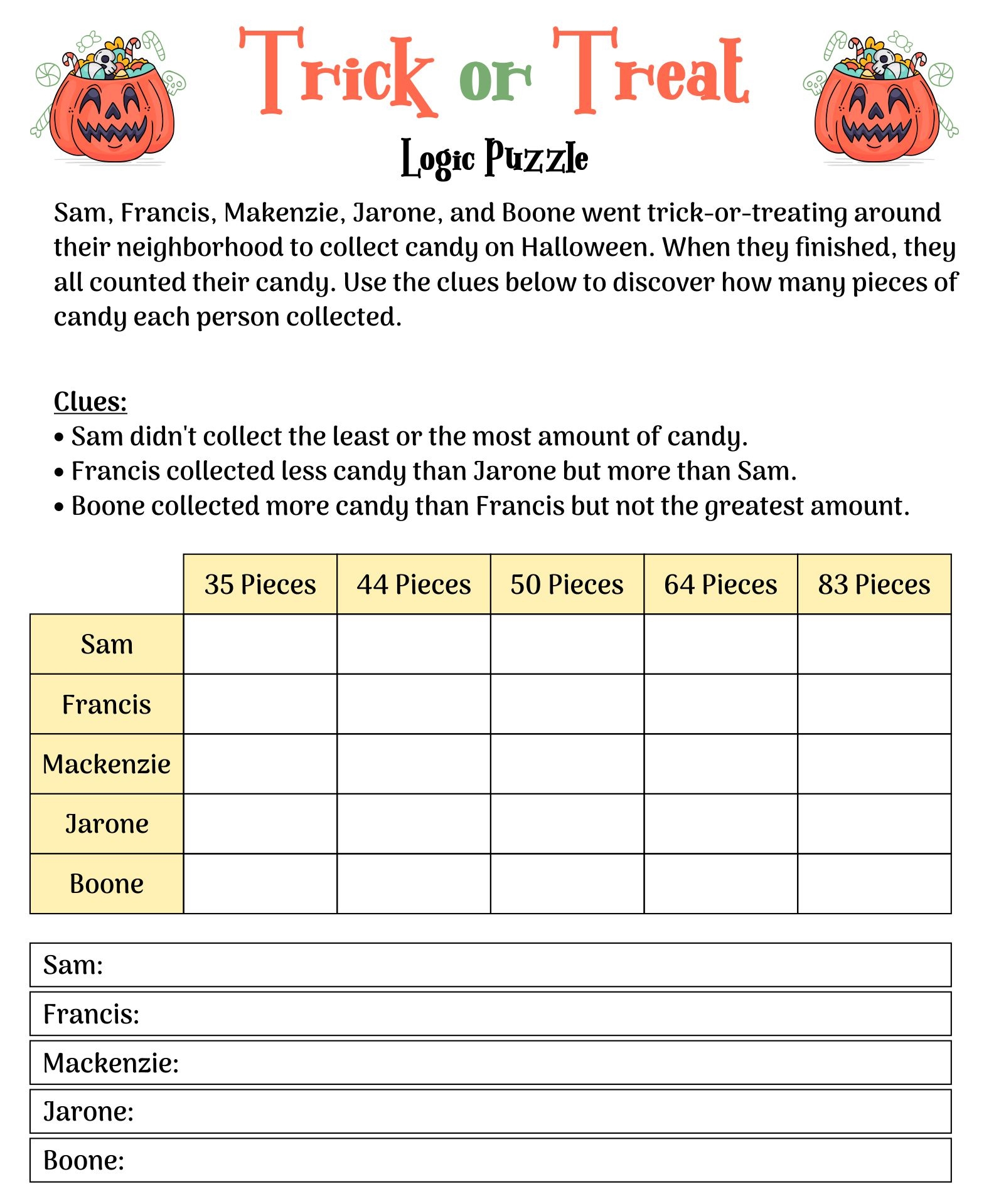 Free Printable Halloween Logic Puzzle Printable Printable Logic Puzzles