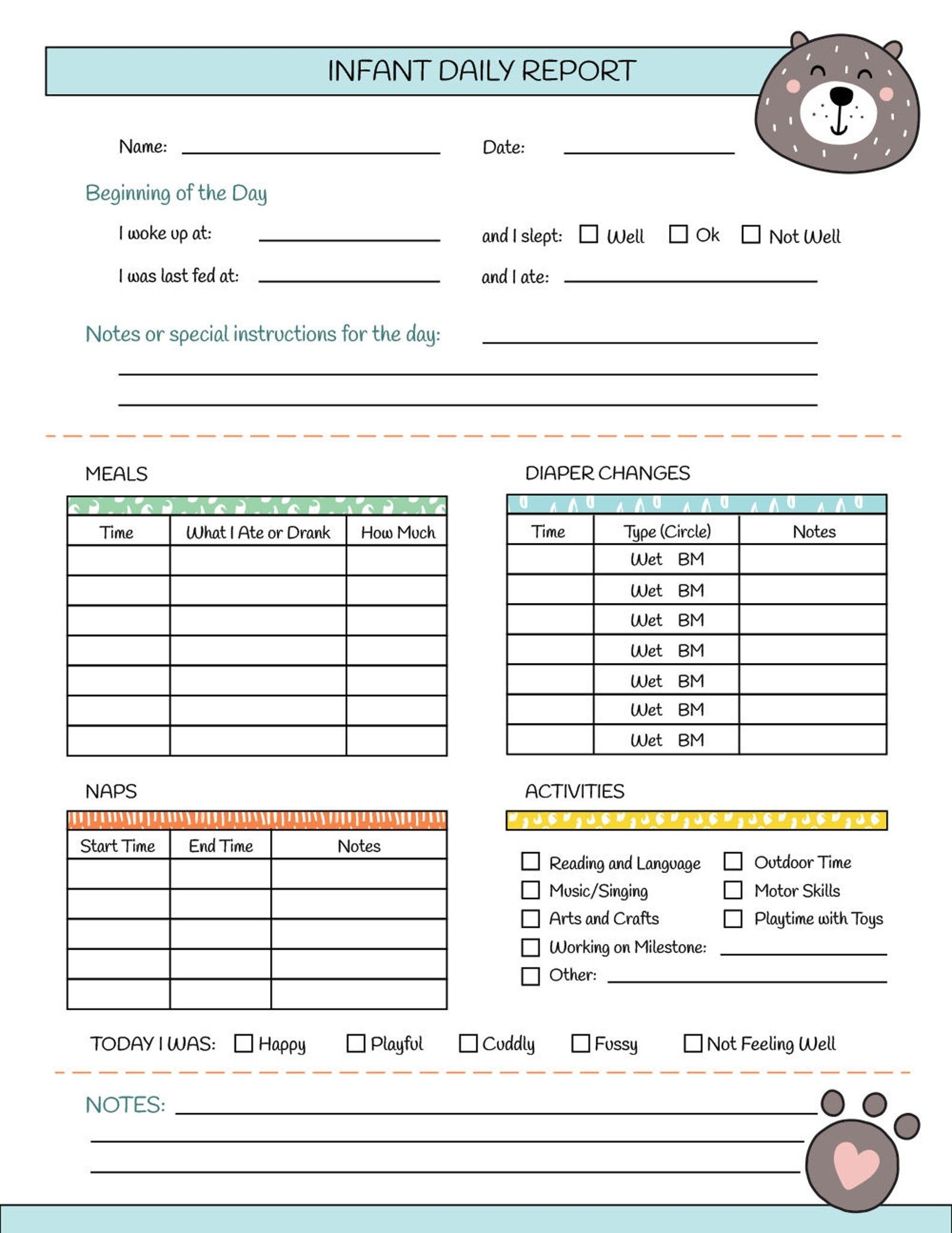Infant Daily Report Template Printable