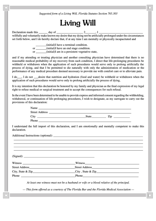 Free Printable Living Will Forms Florida Printable Templates