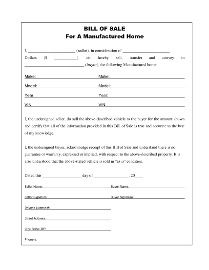 Free Printable Mobile Home Bill Of Sale