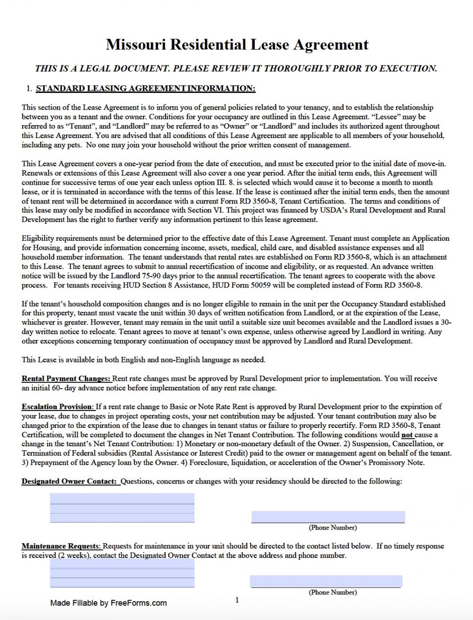 Free Printable Missouri Lease Agreement