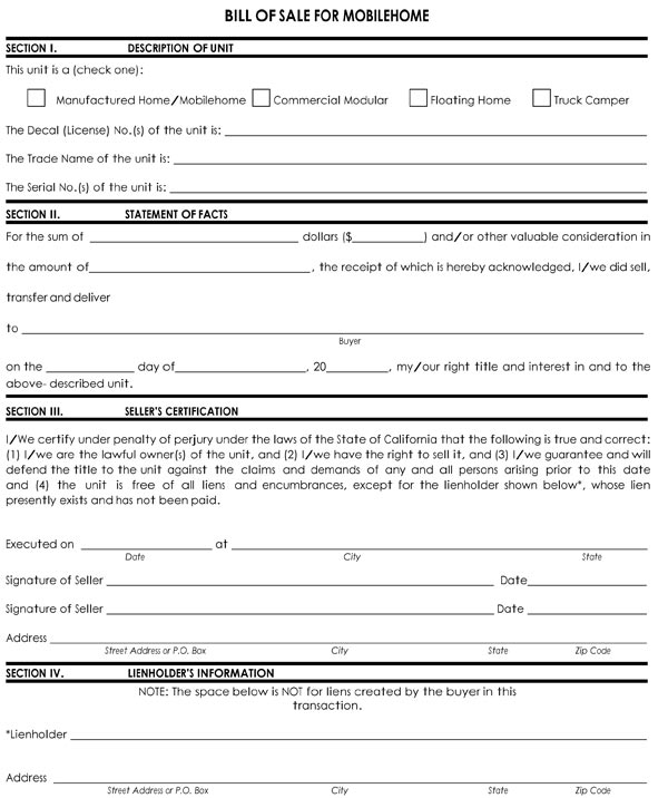 Free Printable Mobile Home Bill Of Sale