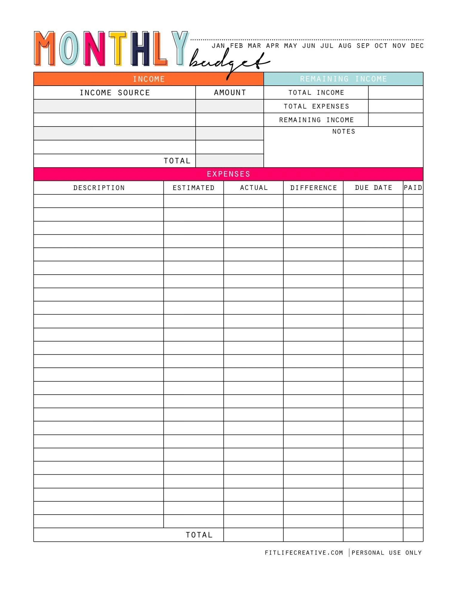 Free Printable Monthly Budget Worksheet