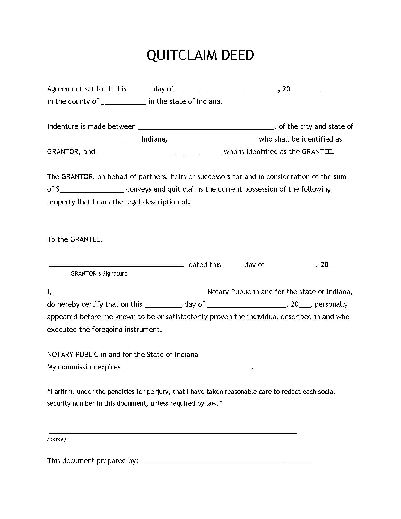 Free Printable Quit Claim Deed Form Indiana Printable Form 2021