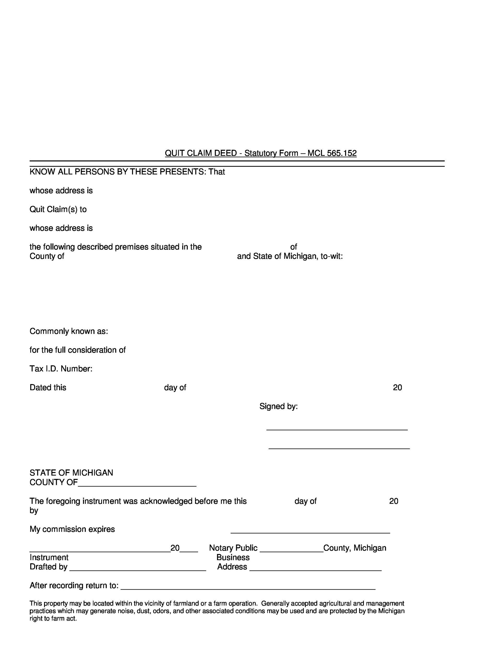 Free Printable Quit Claim Deed Form Michigan Printable Forms Free Online