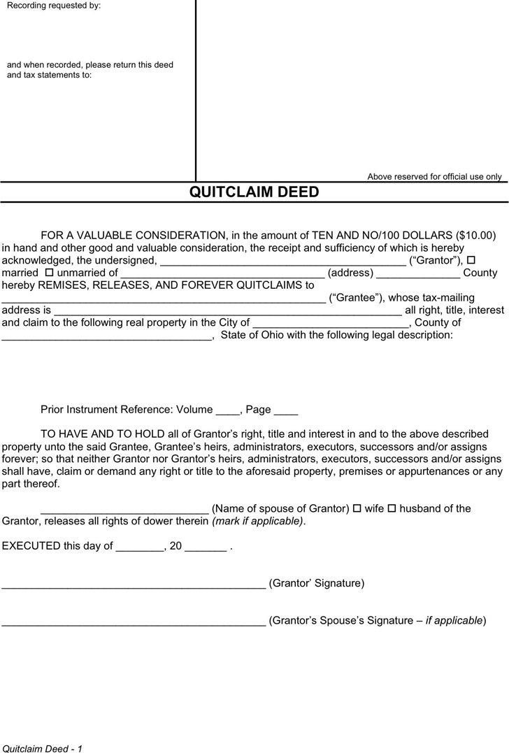 Free Printable Quit Claim Deed Form Ohio Printable Forms Free Online