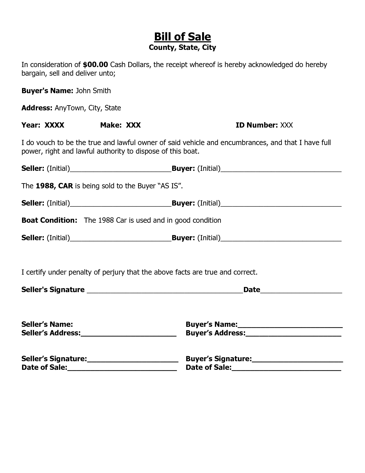 Free Printable Vehicle Bill Of Sale Template Form GENERIC 