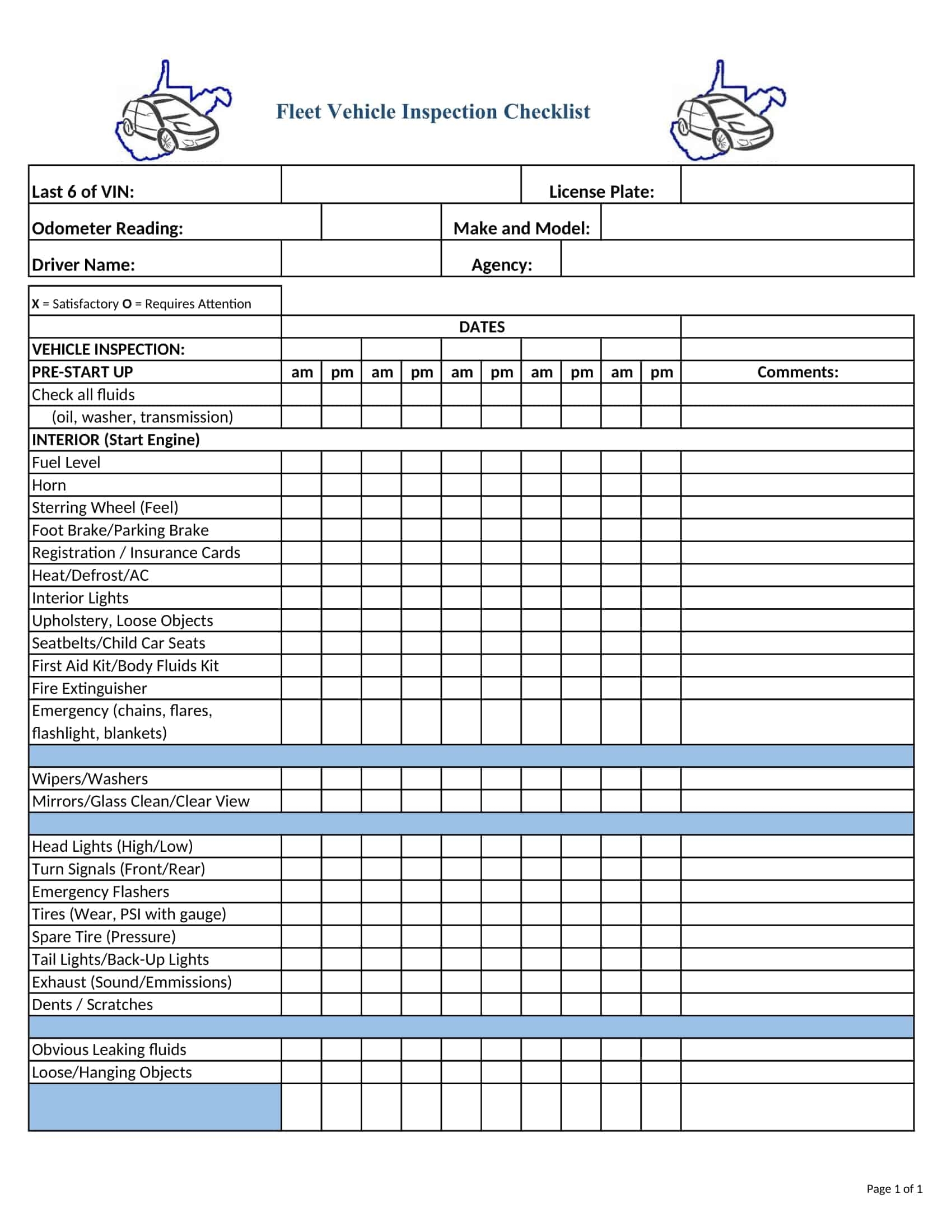 Free Printable Vehicle Checklist Inspection Maintenance Word PDF 