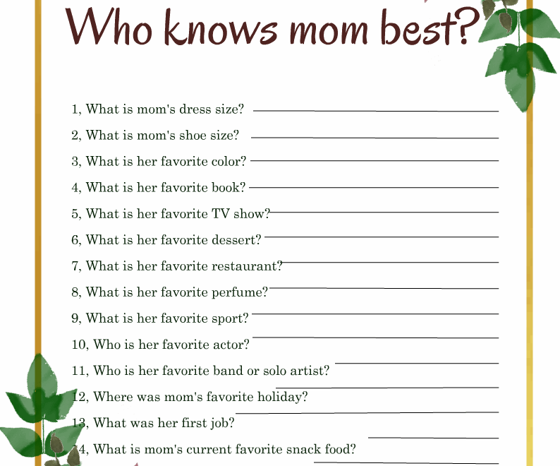 Free Printable Who Knows Mom Best Mother s Day Game