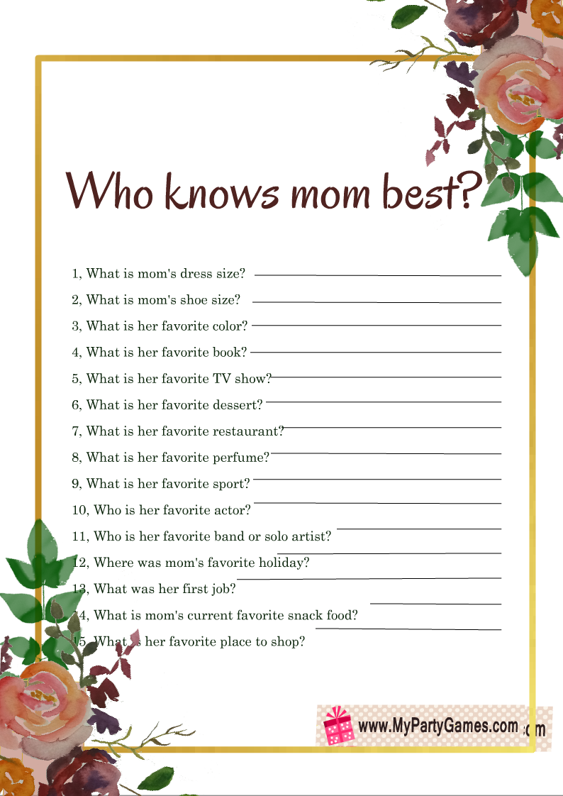 Free Printable Who Knows Mom Best Mother s Day Game