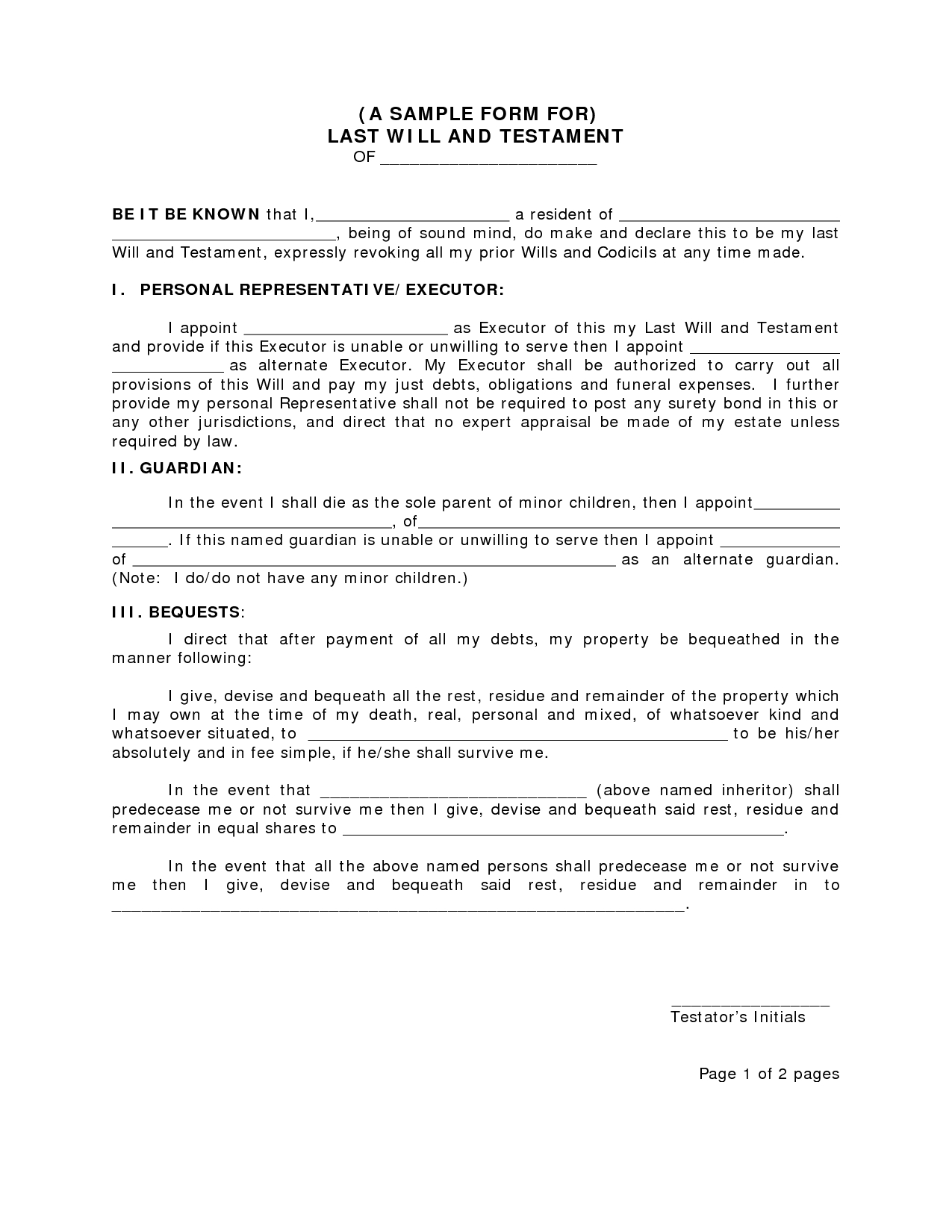 Free Printable Will And Trust Forms