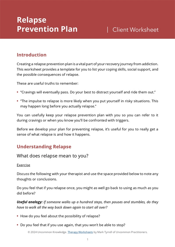 Free Relapse Prevention Planning Worksheet From Uncommon Knowledge