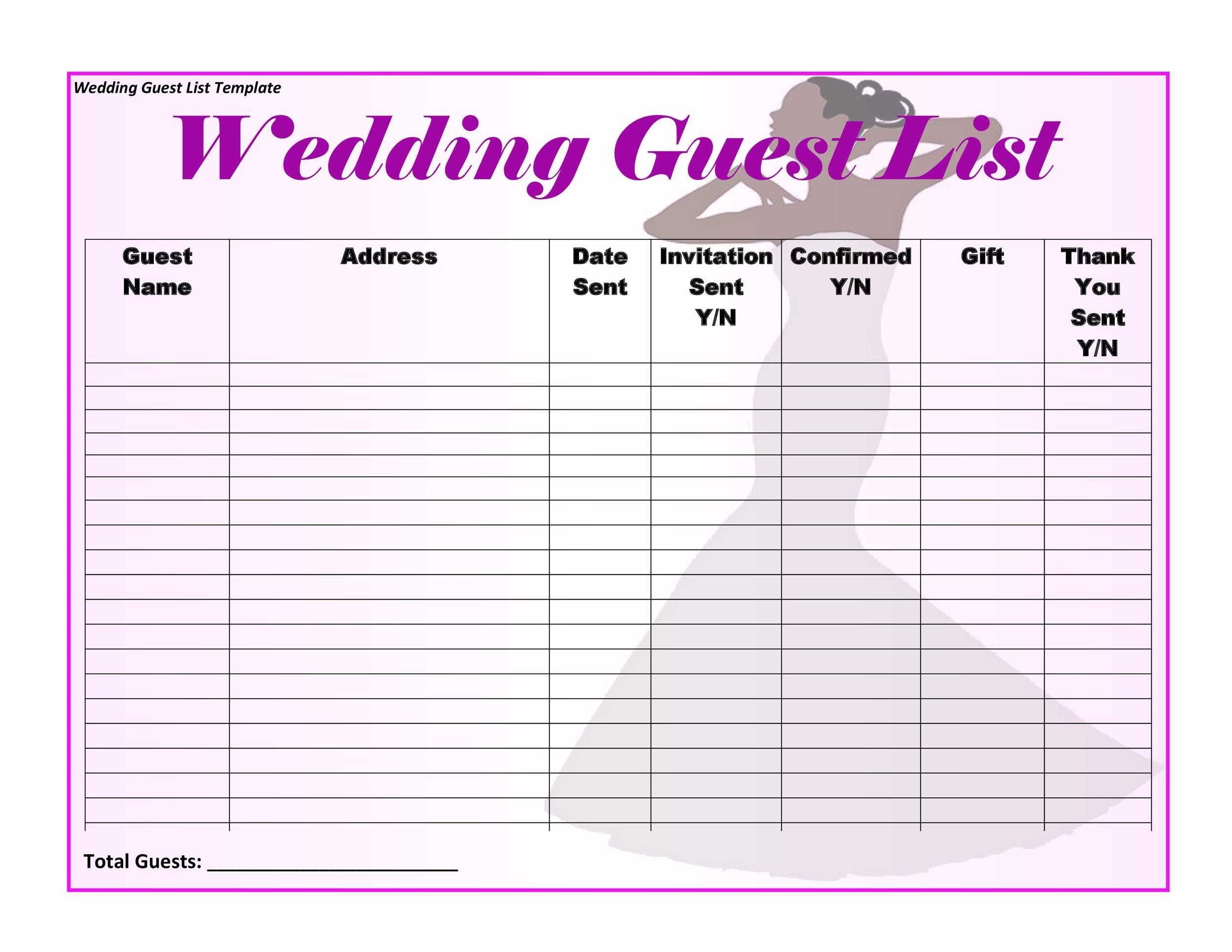 Free Wedding Guest List Template Printable Templates Your Go To 