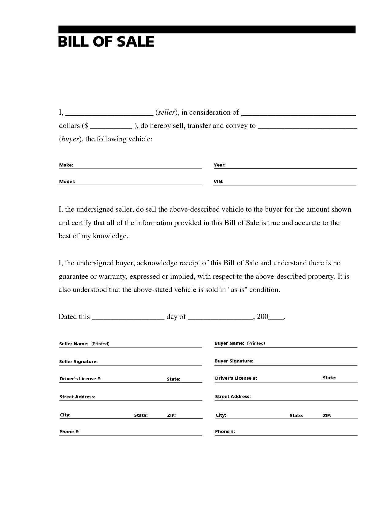 Generic Bill Of Sale For Automobile