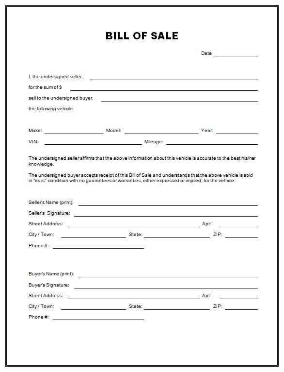 Generic Bill Of Sale Printable Used Car