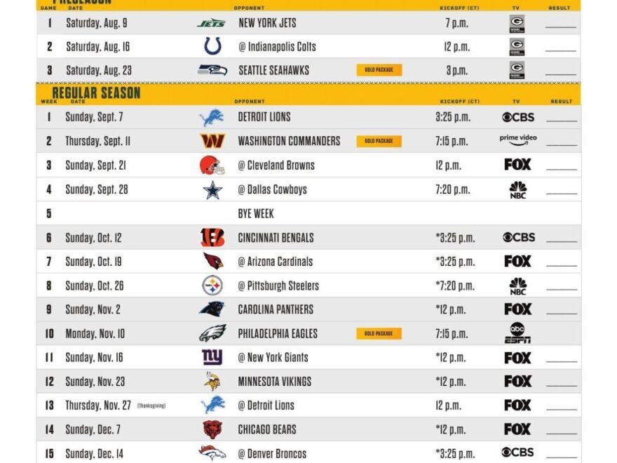 Green Bay Packers Printable Schedule