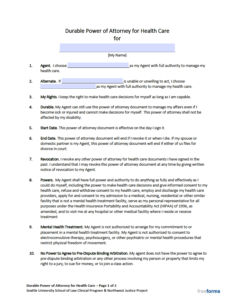 Free Blank Printable Medical Power Of Attorney Forms