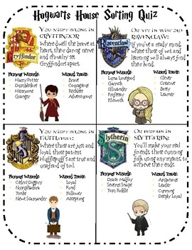Hogwarts House Sorting Quiz Harry Potter By Lindsey Bowers TpT