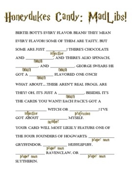 Honeydukes Harry Potter MadLibs By Mrs Bohn Teachers Pay Teachers