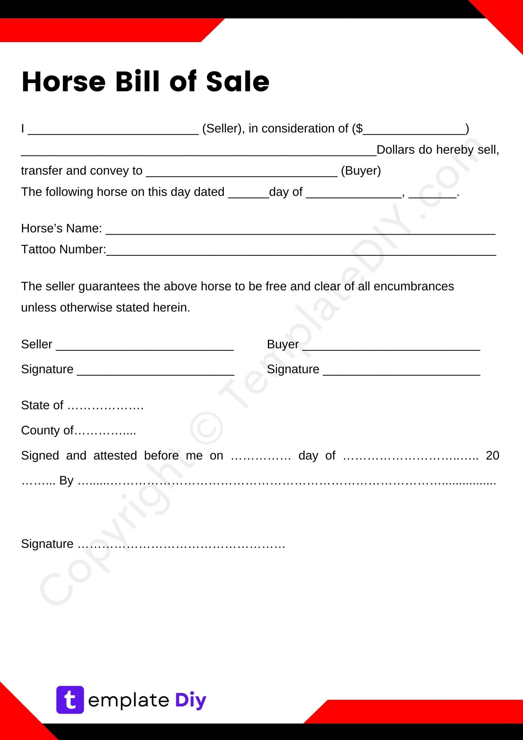 Horse Bill Of Sale Blank Printable Form Template In PDF Word