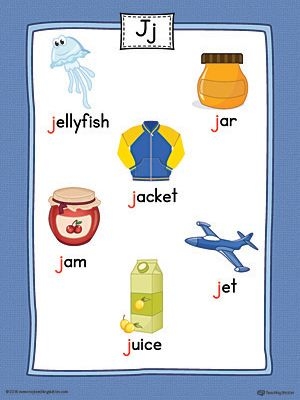Letter J Word List With Illustrations Printable Poster Color J 