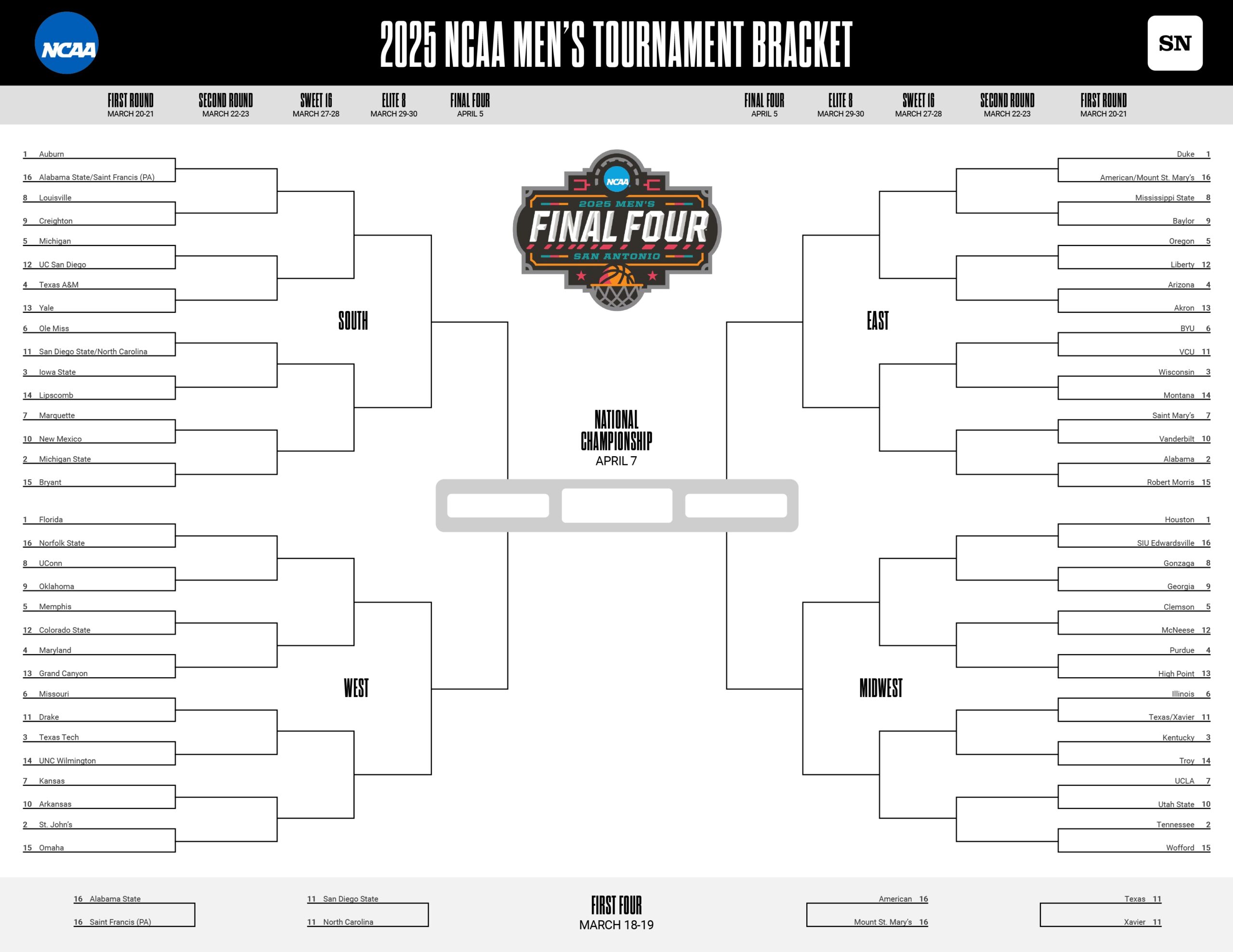 March Madness Printable Bracket Download A Free 2025 NCAA Tournament 