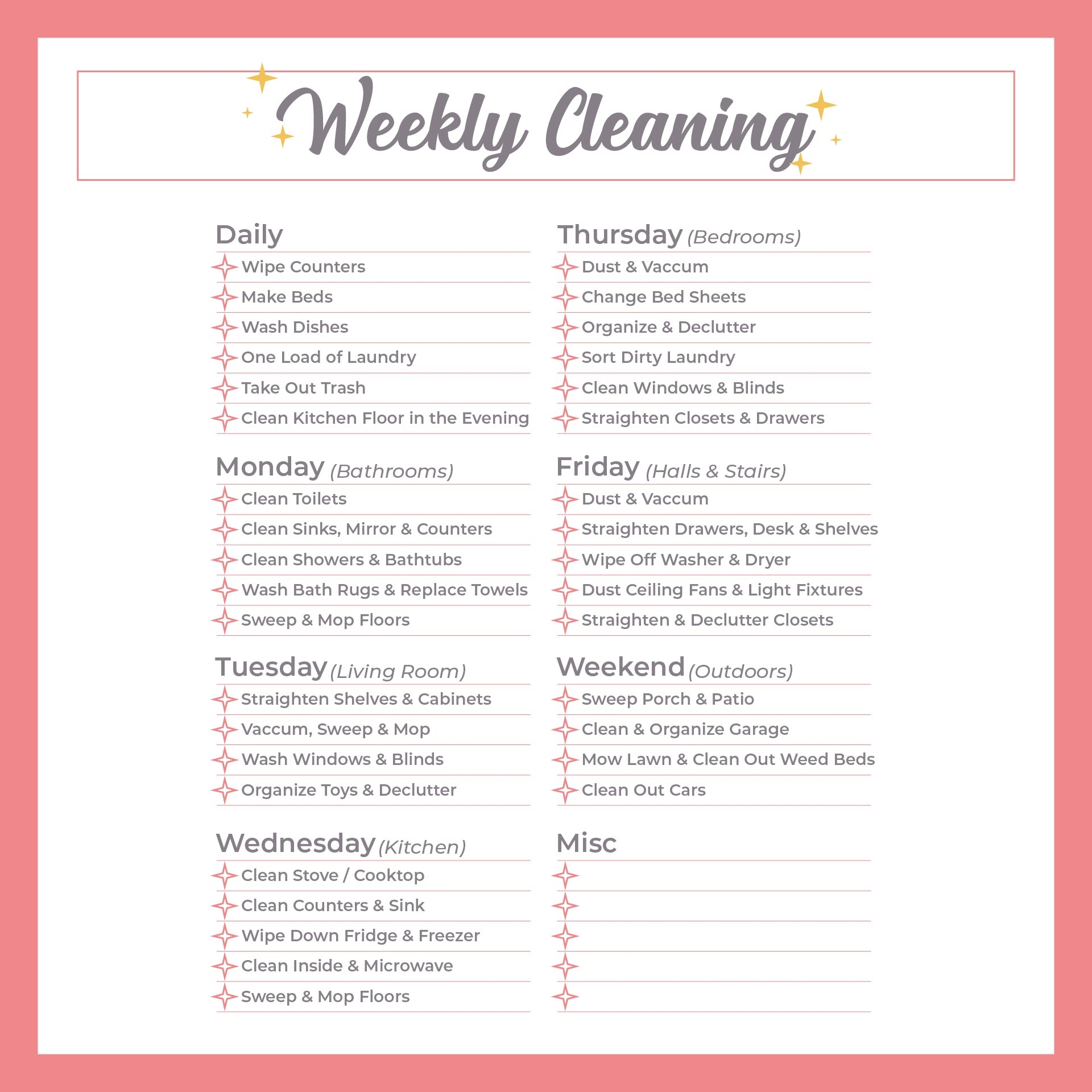 Monthly Cleaning Checklist 10 Free PDF Printables Printablee