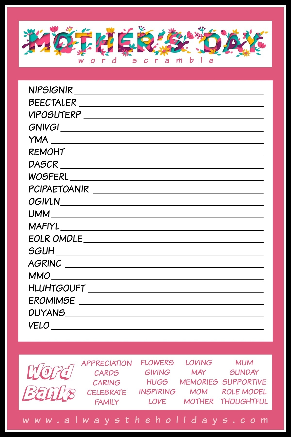 Mother 39 s Day Word Scramble Puzzle Free Mother 39 s Day Printable