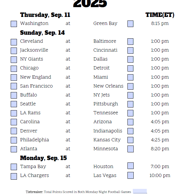 Nfl Week 2 Pick Sheet 2025 Kai M Belt