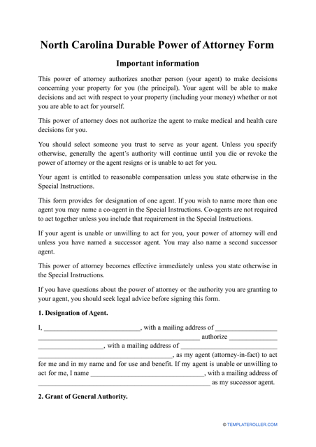 Printable Durable Power Of Attorney Form Nc