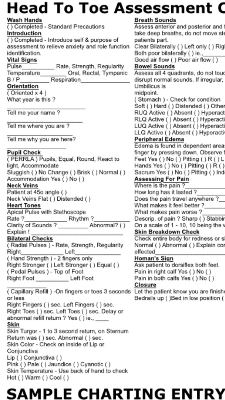 Nursing Student Head To Toe Assessment Cheat Sheet Sample Charting 