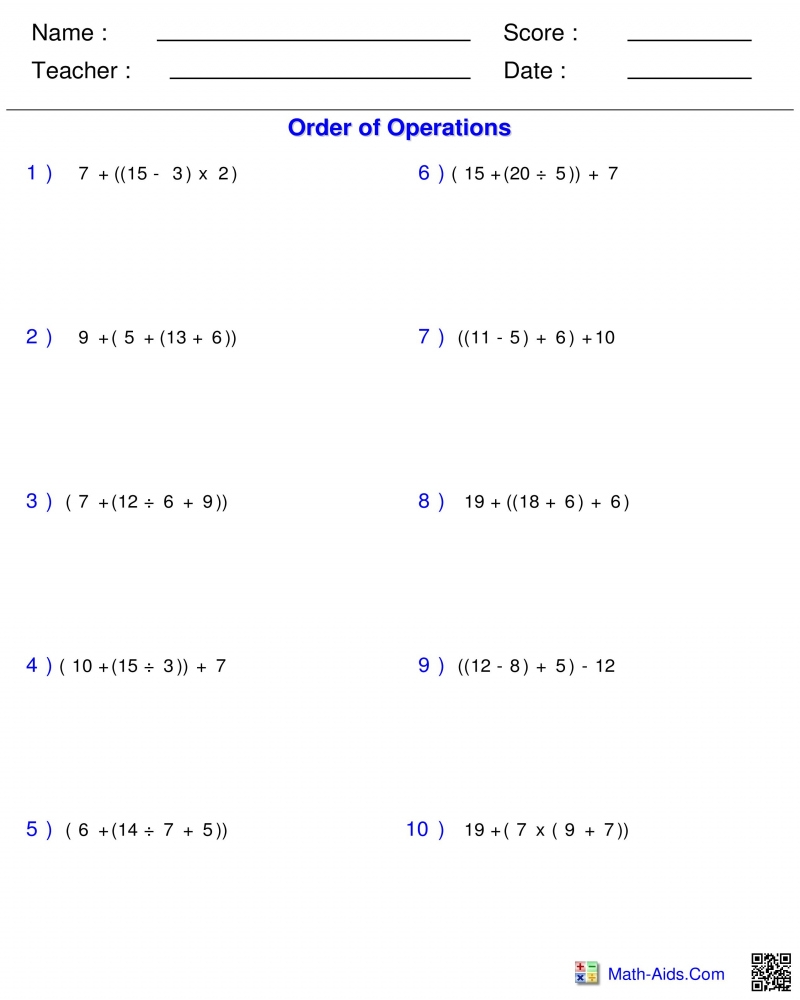 Order Of Operations Worksheets With Answers Printable Computer Tools