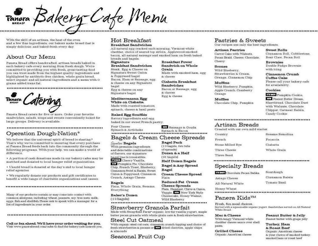 Panera Bread Printable Menu With Prices