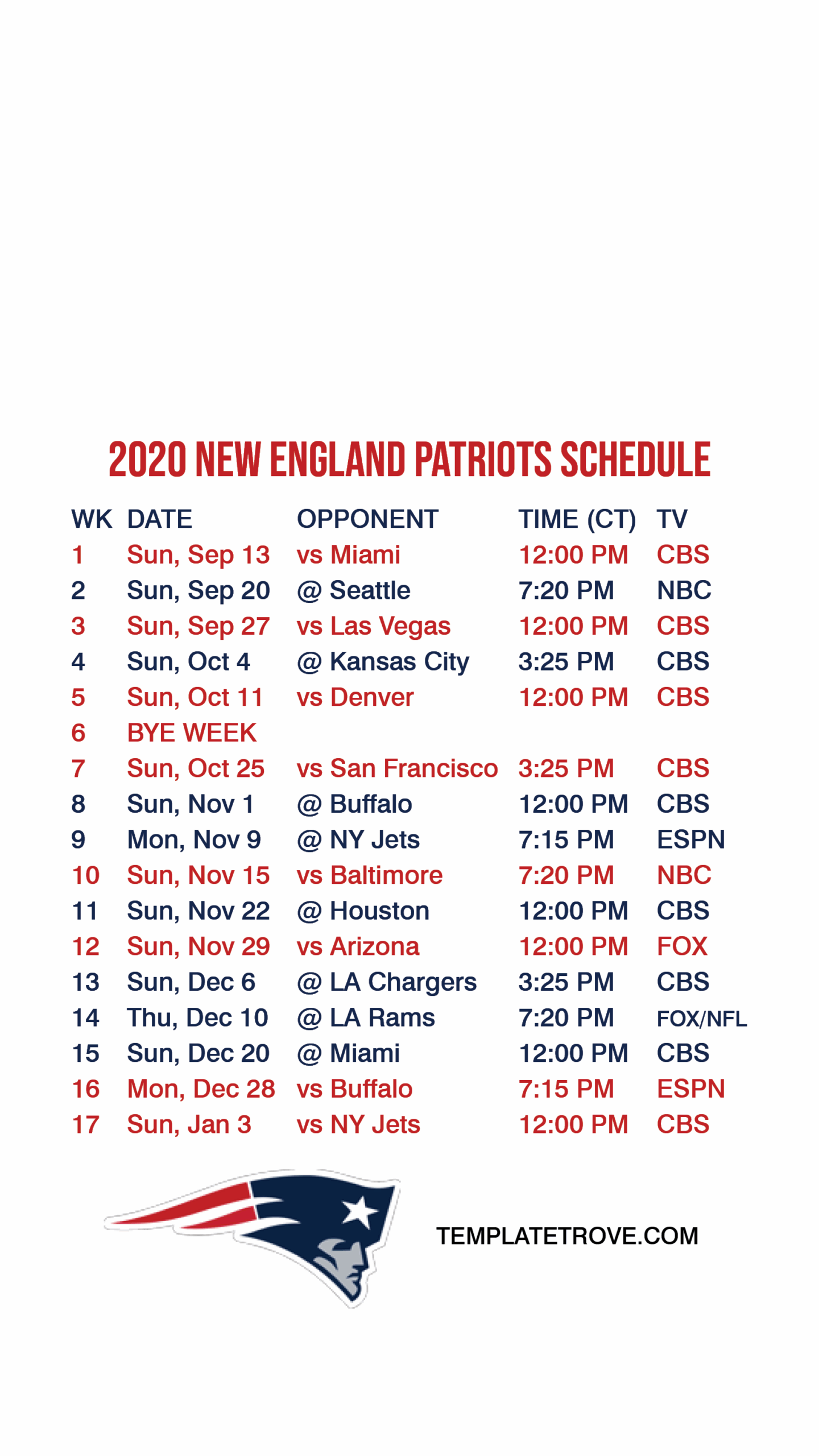 New England Patriots Printable Schedule