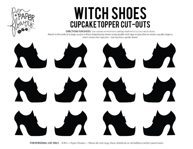 Pen Paper Flowers FREE Witch Shoes Cupcake Topper Template