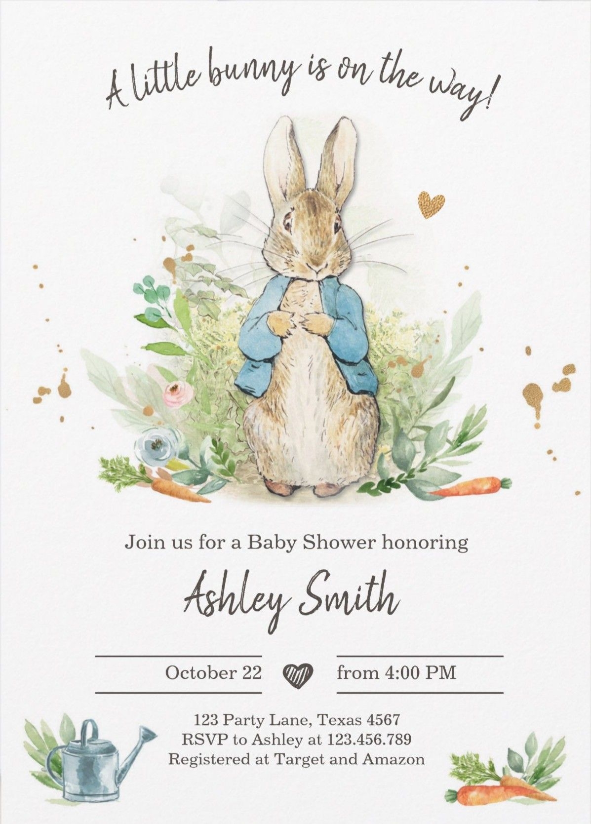 Peter Rabbit Baby Shower Invitation Template Minimalist Editable Rabbit 