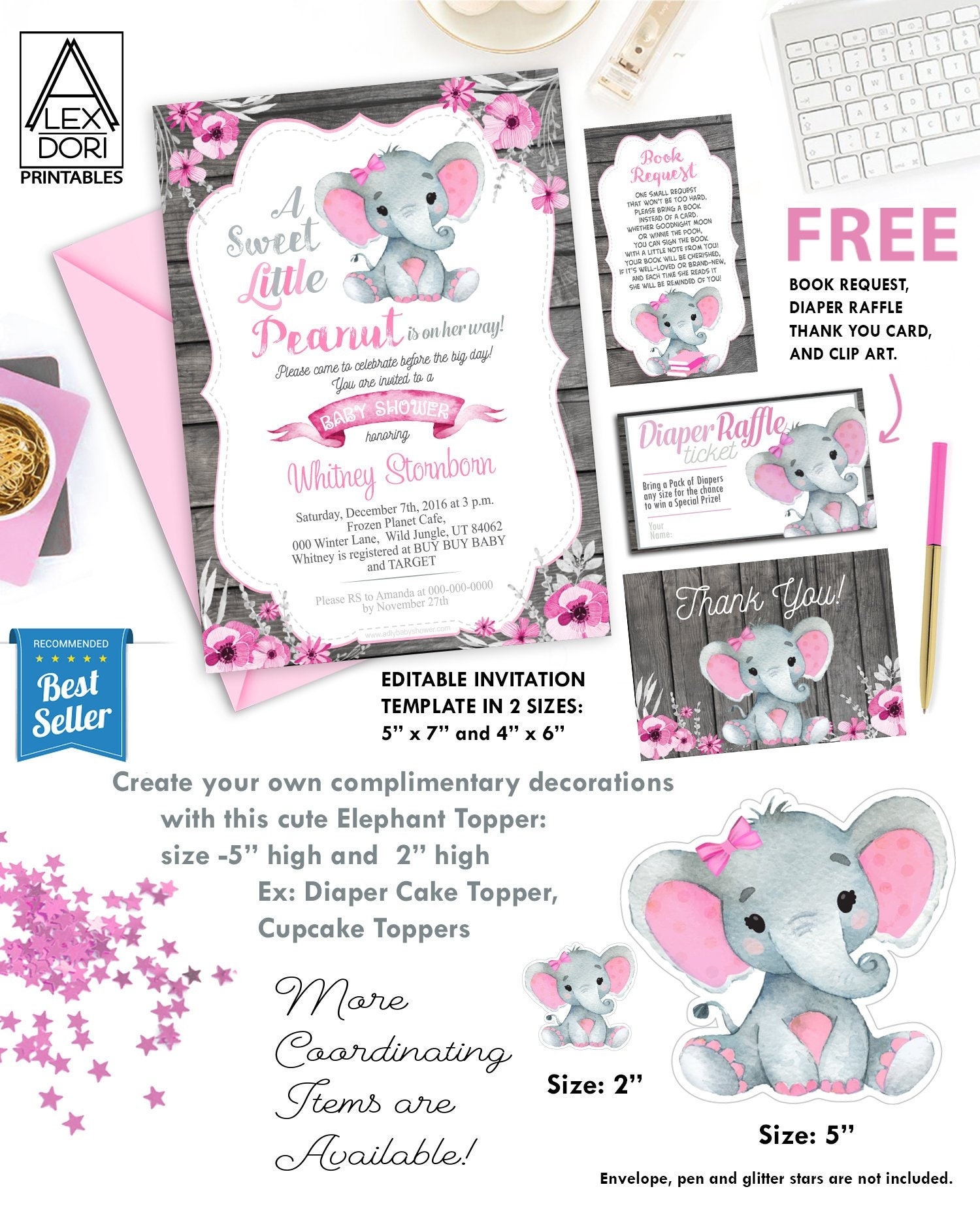 Pink Elephant Baby Shower Free Printables