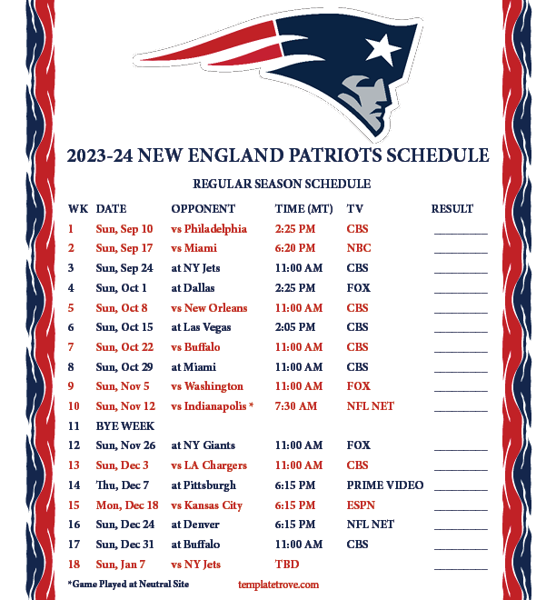 Printable 2023 2024 New England Patriots Schedule